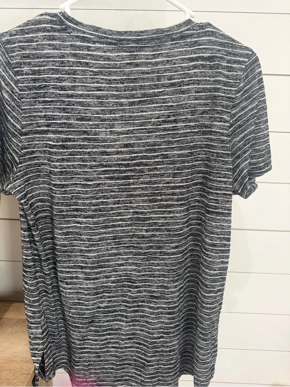 Athleta Black and White Striped V-Neck Short Sleeve Tee Medium